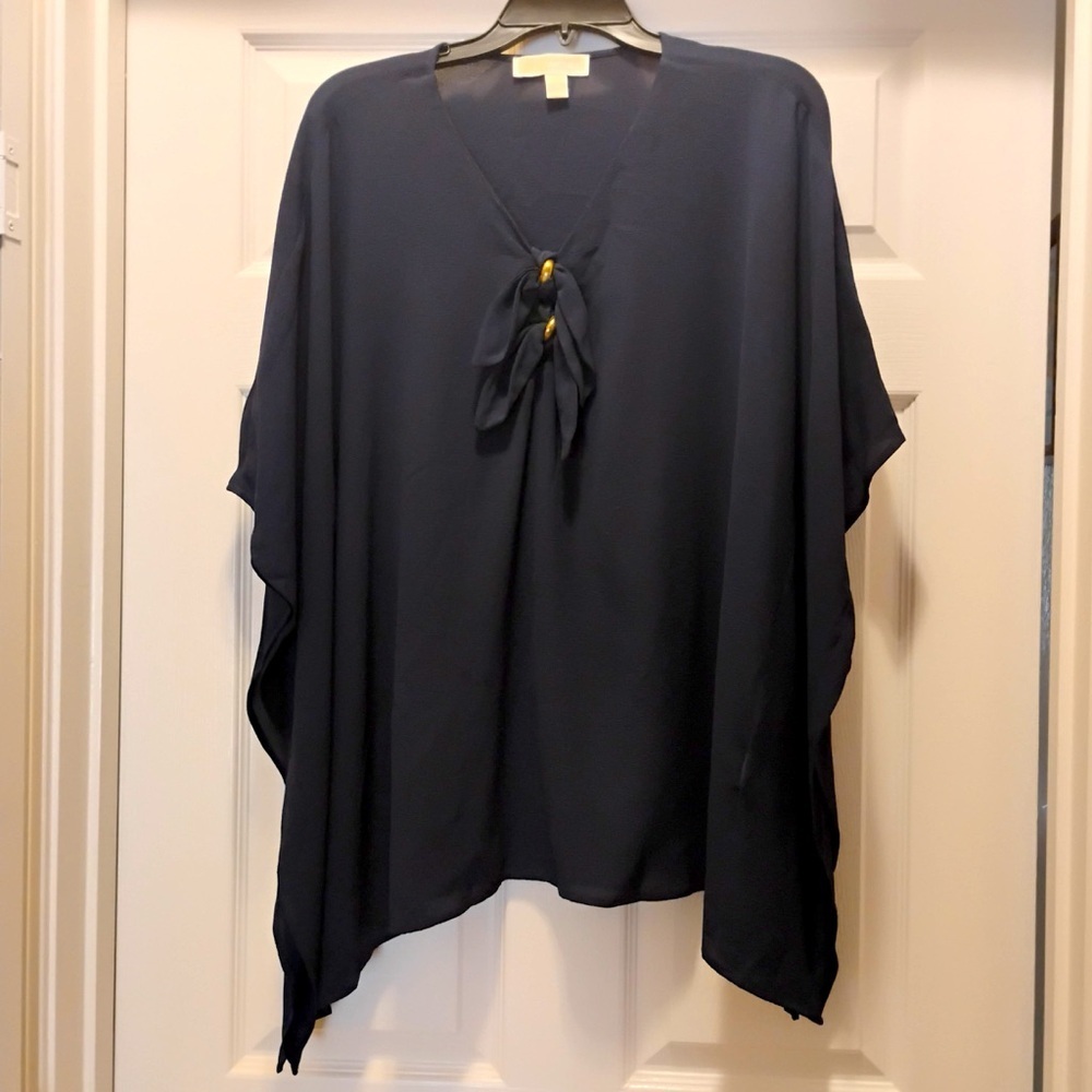 Michael Kors Navy Poncho with Tie Front Oversized Loose Gold Accents Size L/XL